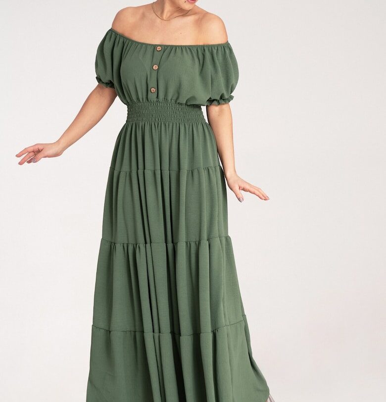 Дълга лятна рокля -  зелена - с волани - полиестер - Един размер Figl