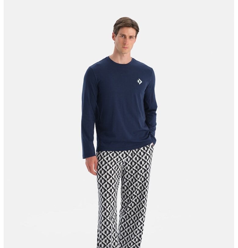 Дълга памучна пижама с графична шарка - Бял/Тъмносин EROS