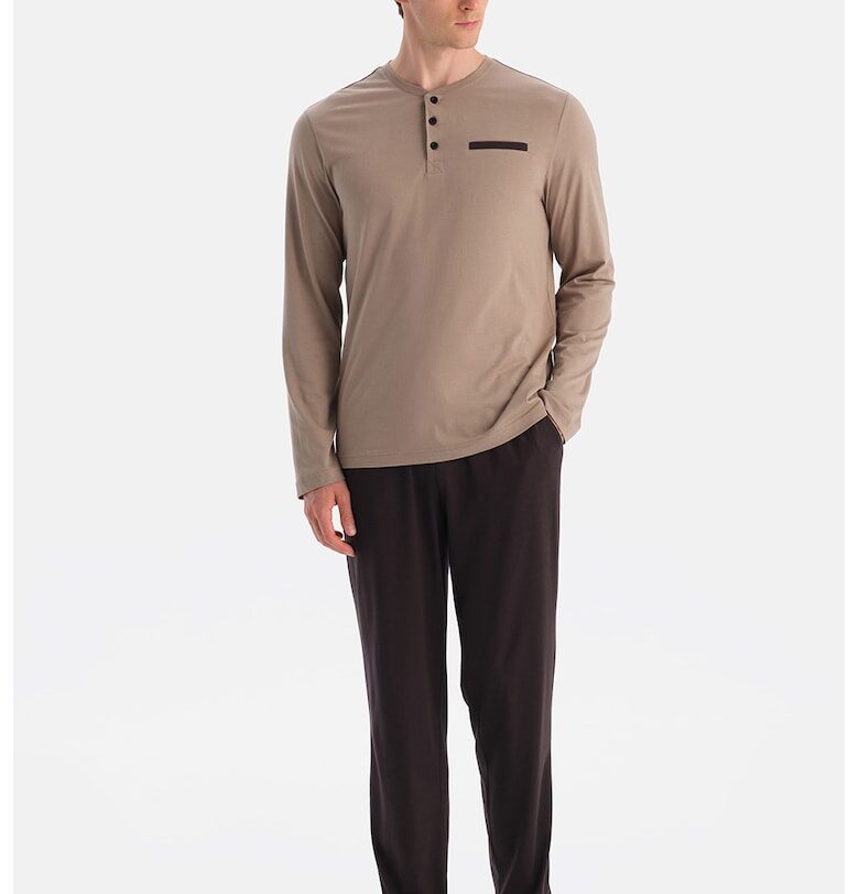 Дълга пижама с модал с копчета - Тъмнокафяв/Камел DAGI