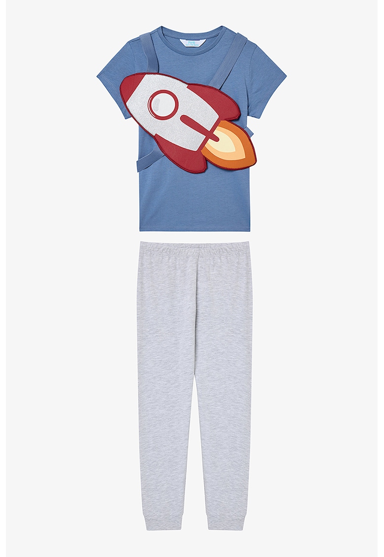 Дълга пижама с фигурален принт - Светлосив меланж/Син Penti