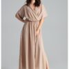 Дълга рокля  L055 - елегантна - с ластик на талията - бежова - 100% полиестер Lenitif