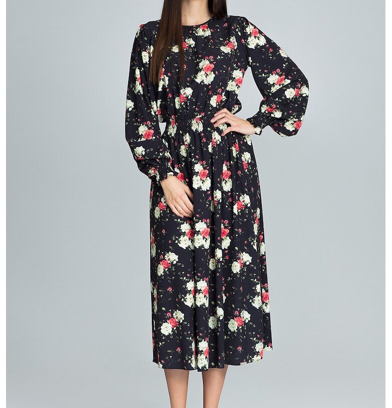 Дълга рокля  M600 - флорален принт - черна - полиестер - с дълги ръкави - SM Figl