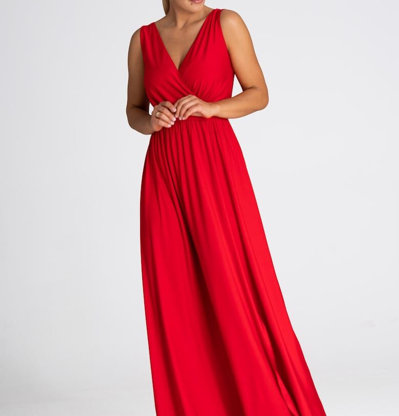 Дълга рокля  M960 - червена - без ръкави - полиестер-еластан Figl
