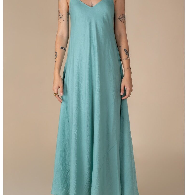 Дълга рокля А-силует от лен вълна в цвят Аква Monarh design