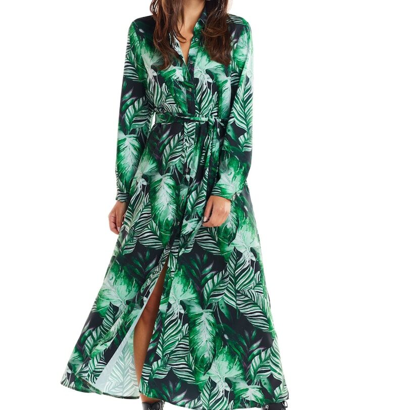 Дълга рокля - Тропически принт - Дълъг ръкав A324 - 45754 - Зелен awama