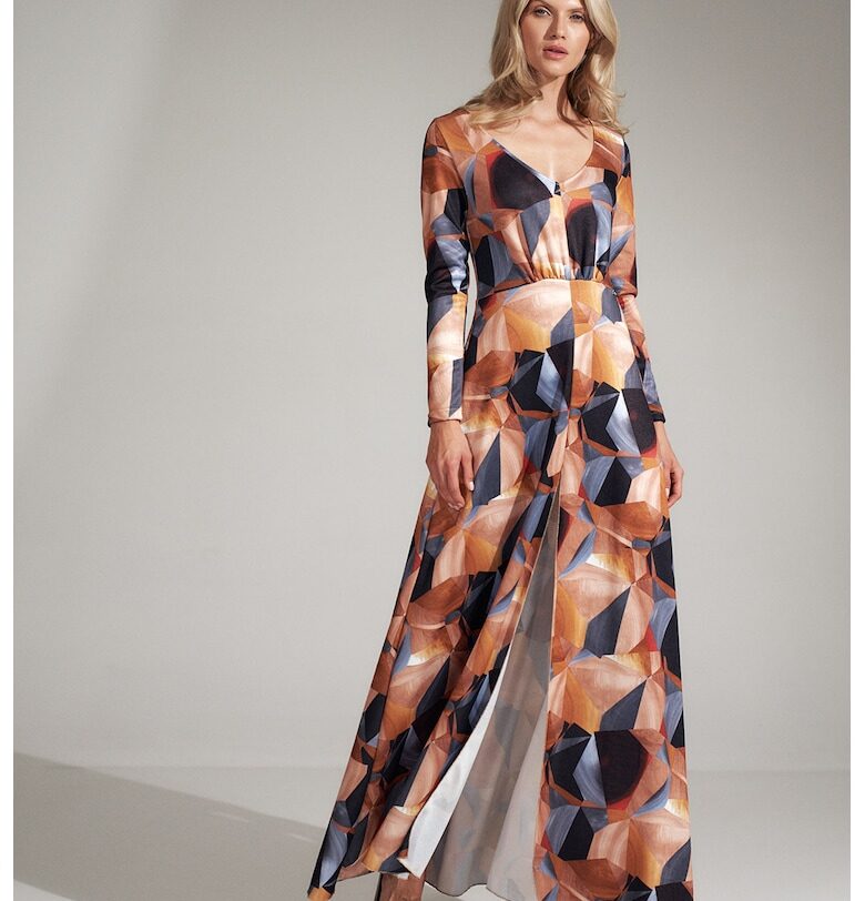 Дълга рокля  елегантна - геометрична шарка - едноцветна - полиестер Figl