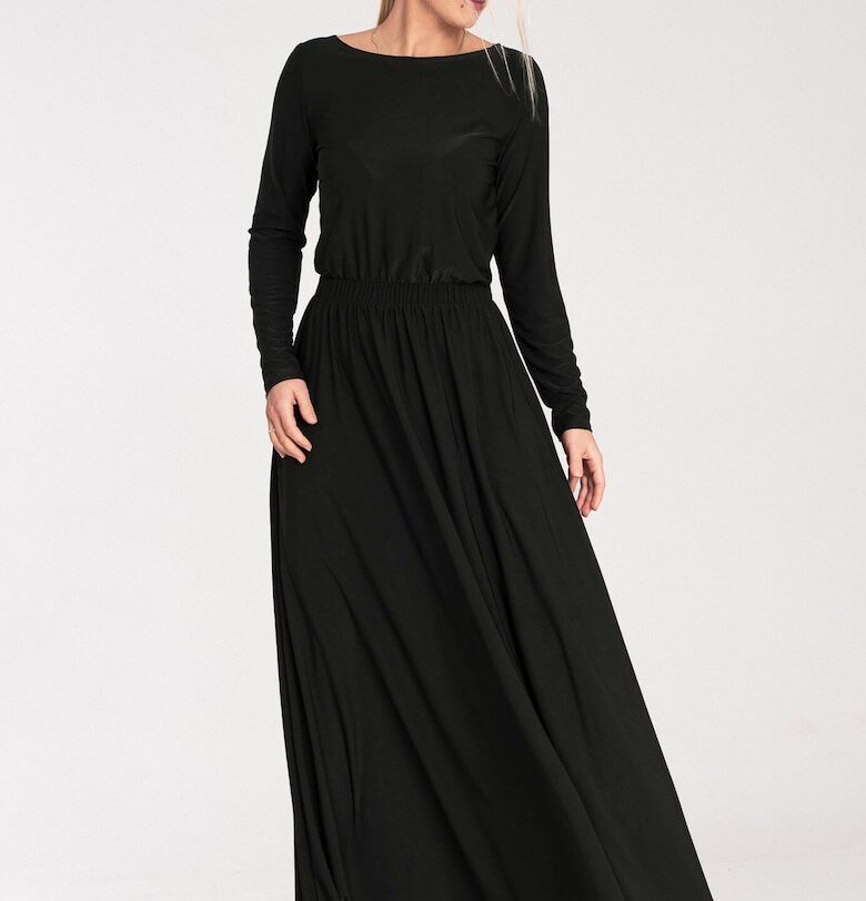 Дълга рокля -  модел M1052 - дълъг ръкав - черна - полиестер-еластан Figl