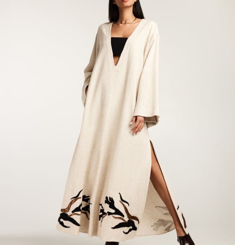 Дълга рокля от лен и памук с многоцветна бродерия Sahara - Крем Alina Cernatescu