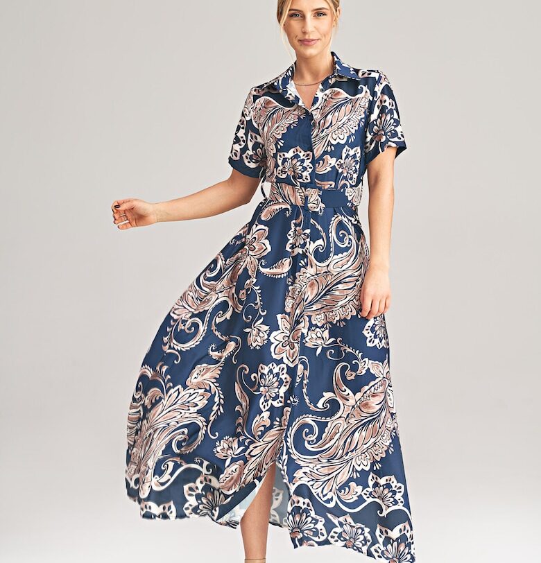 Дълга рокля  полиестер - тъмносиньо - с цветя - Един размер Figl