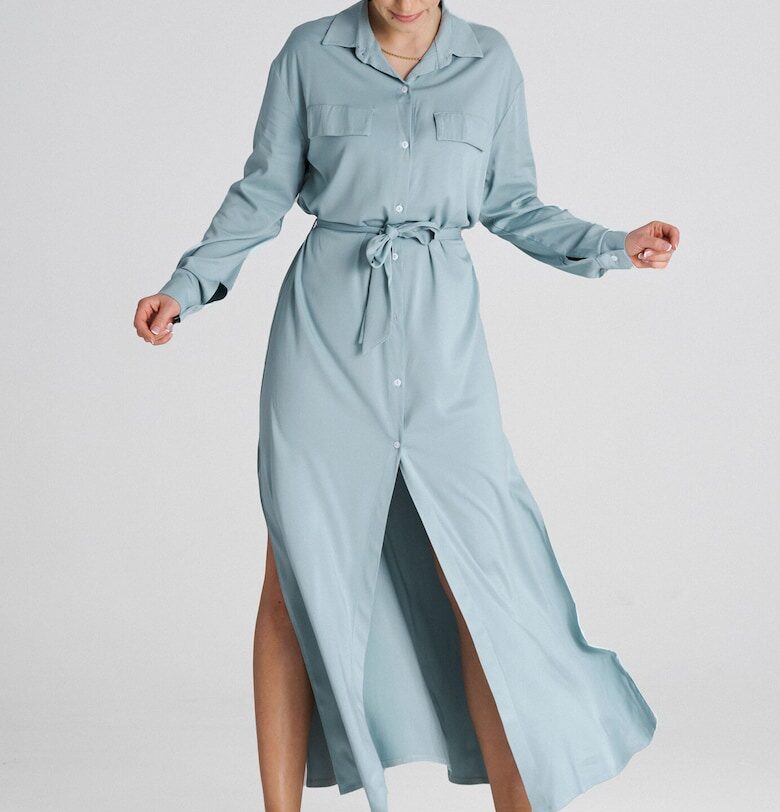 Дълга рокля-риза  мента - дълги ръкави - класическа яка - полиестер Figl