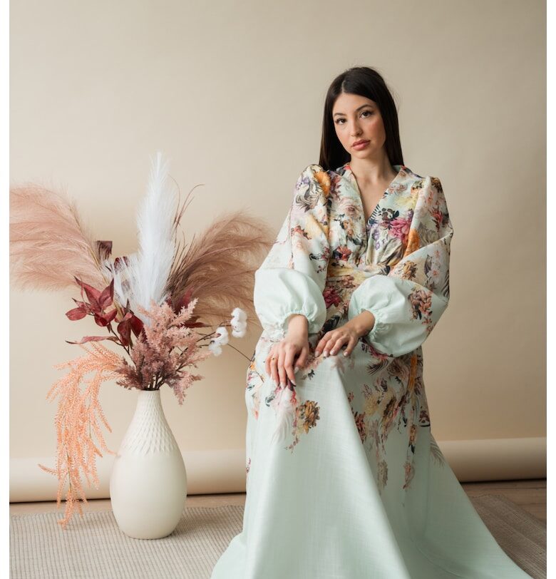 Дълга рокля с дълъг ръкав Flowers Mint 15545 uFIT