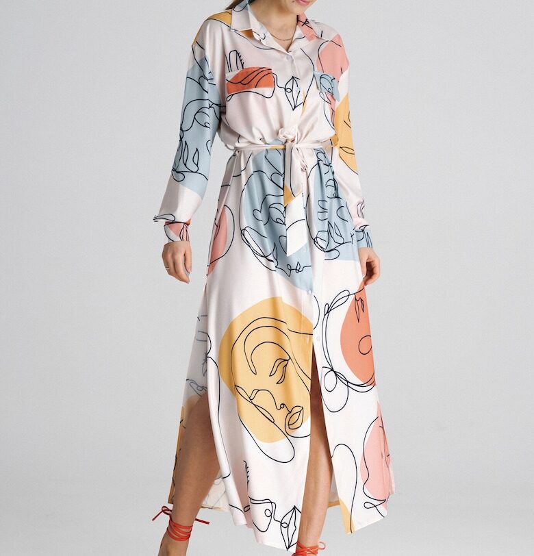 Дълга рокля тип риза  M1000 - с колан - многоцветна - 97% полиестер - 3% еластан - Figl