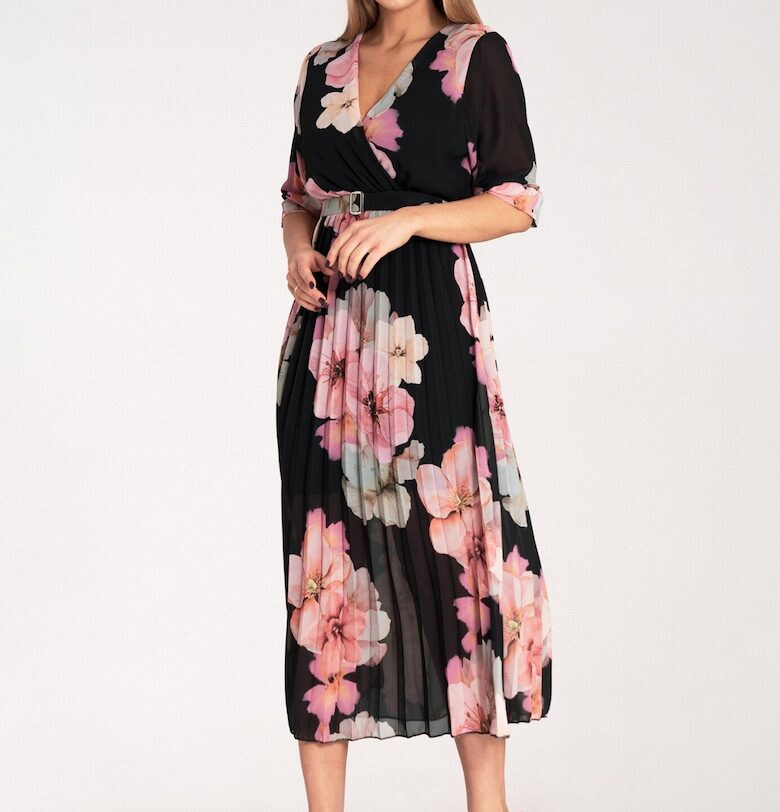 Дълга рокля -  флорален принт - черна - плисирана - полиестер - SM Figl