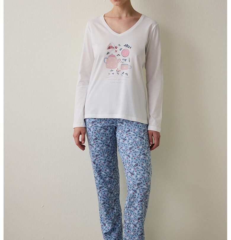 Дълга шпиц пижама с графика - Бял/Син Penti