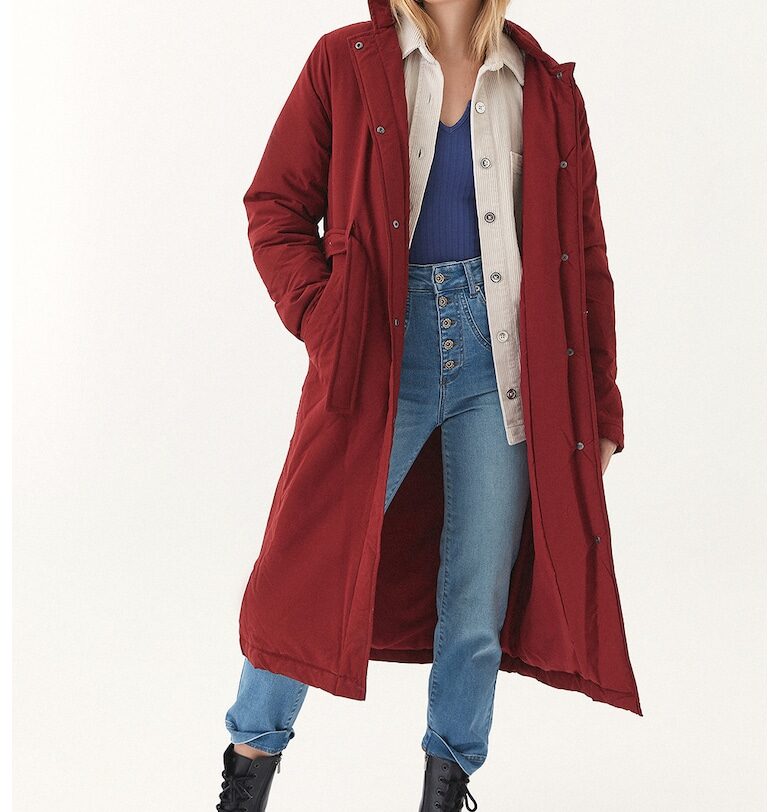 Дълго зимно яке с колан - Тъмночервен OXXO