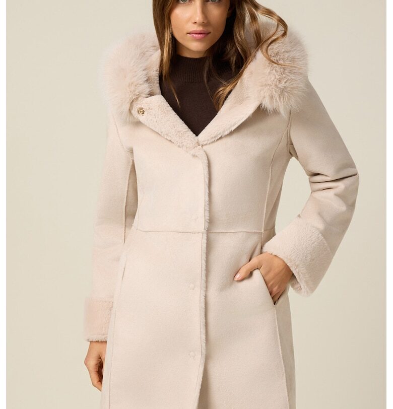 Дълго палто от еко вълна с качулка - Крем Oltre