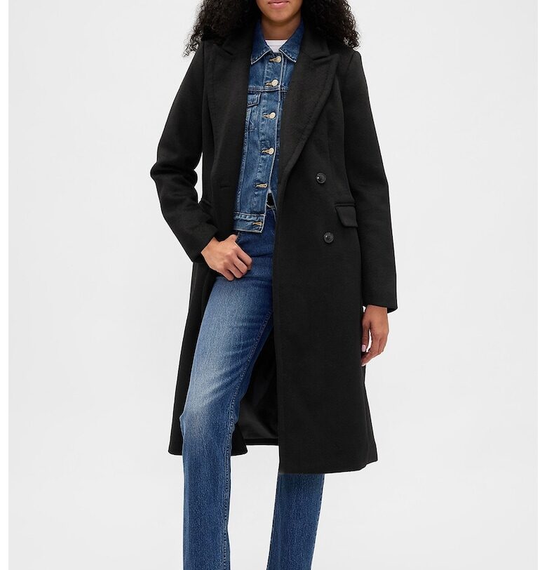 Дълго палто с двуредно закопчаване - Черен GAP