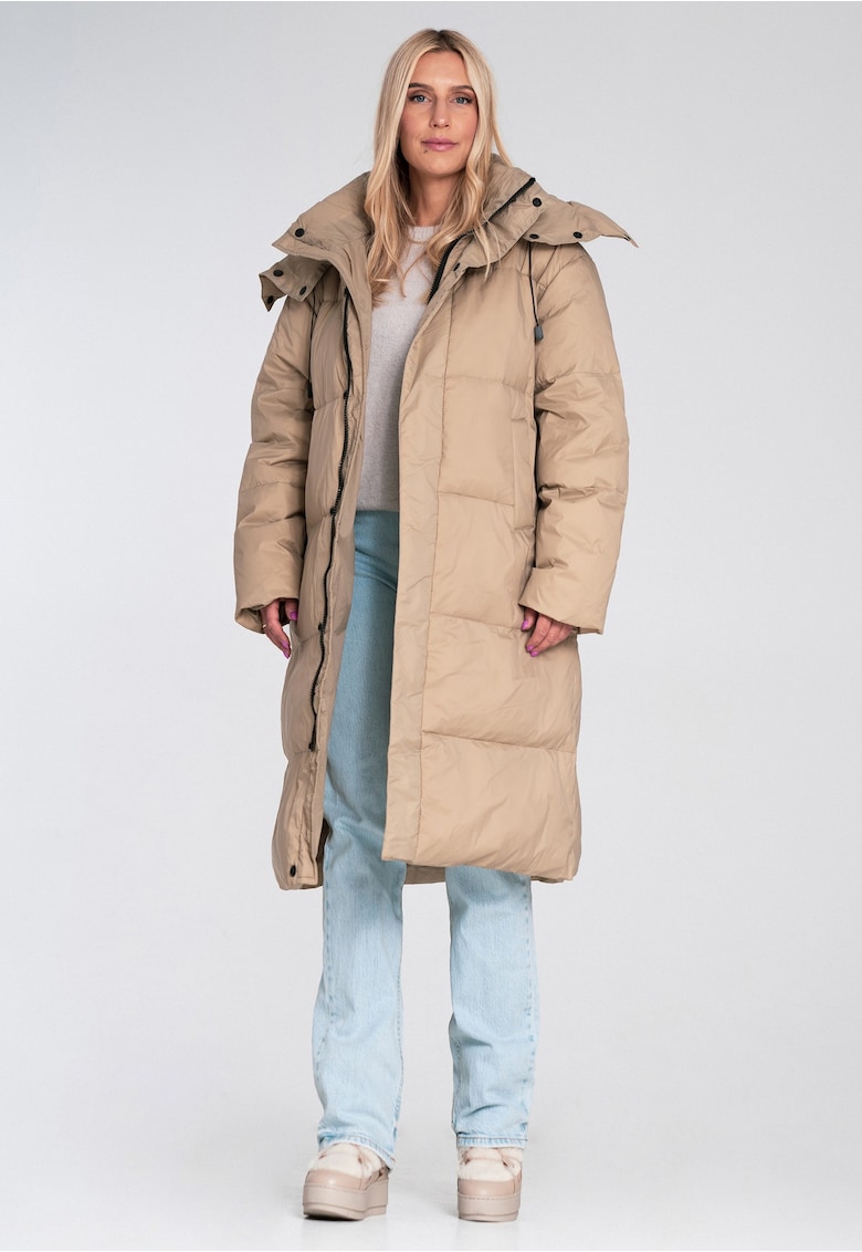 Дълго яке капитонирано - бежово - с качулка - функционални детайли - синтетичен материал Figl