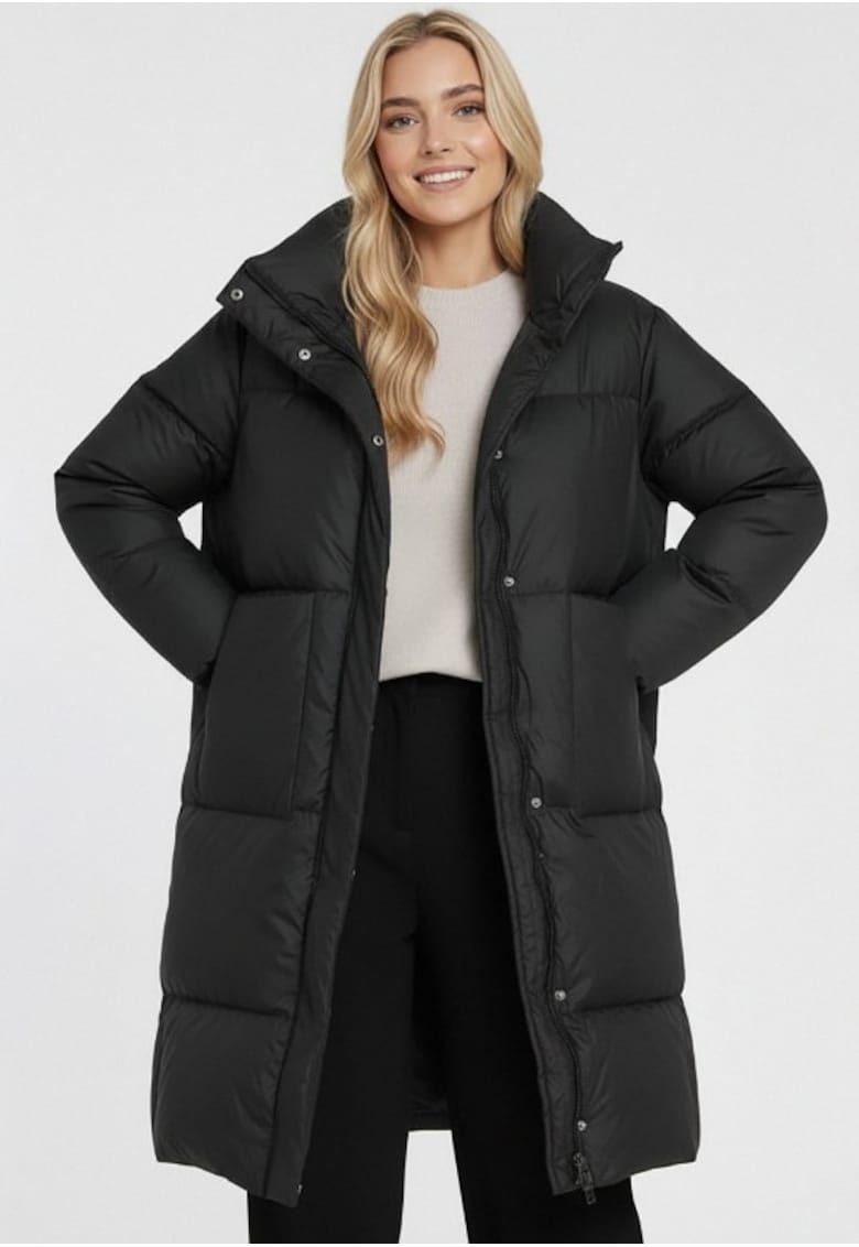 Дълго яке черно - капитонирано - с вдигната яка - за зимата - с джобове Figl