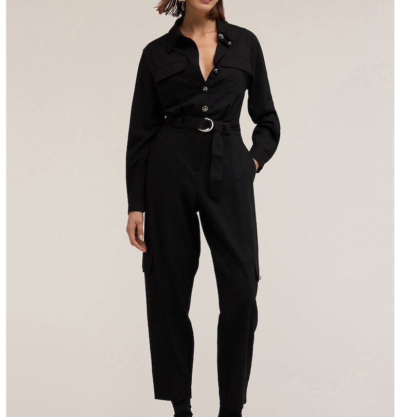 Дълъг гащеризон с вълна с класическа яка - Черен Motivi