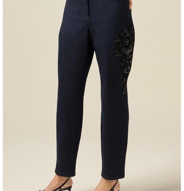 Дънки с флорална бродерия - Ултрамарин синьо Oltre