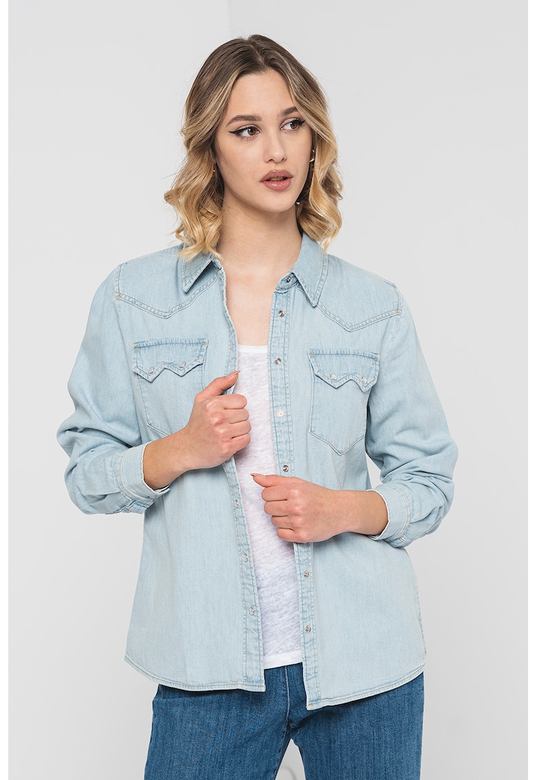 Дънкова риза с джобове на гърдите - Светлосин United Colors of Benetton
