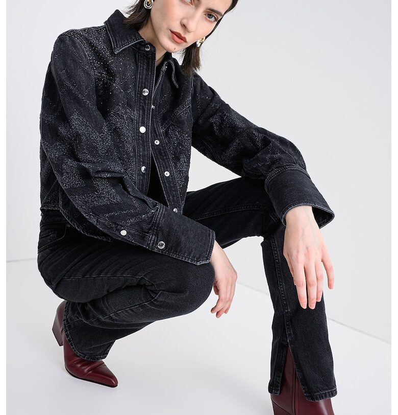 Дънково яке с декоративни камъни - Меланж тъмно сиво BOSS