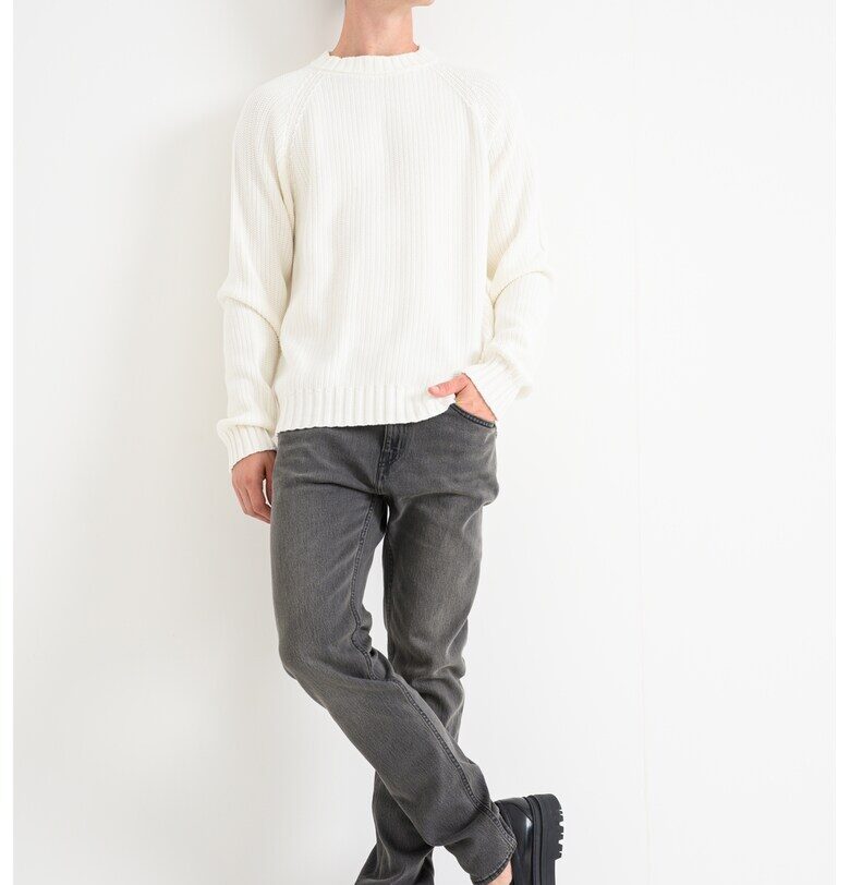 Едноцветен плетен пуловер - Бял HUGO