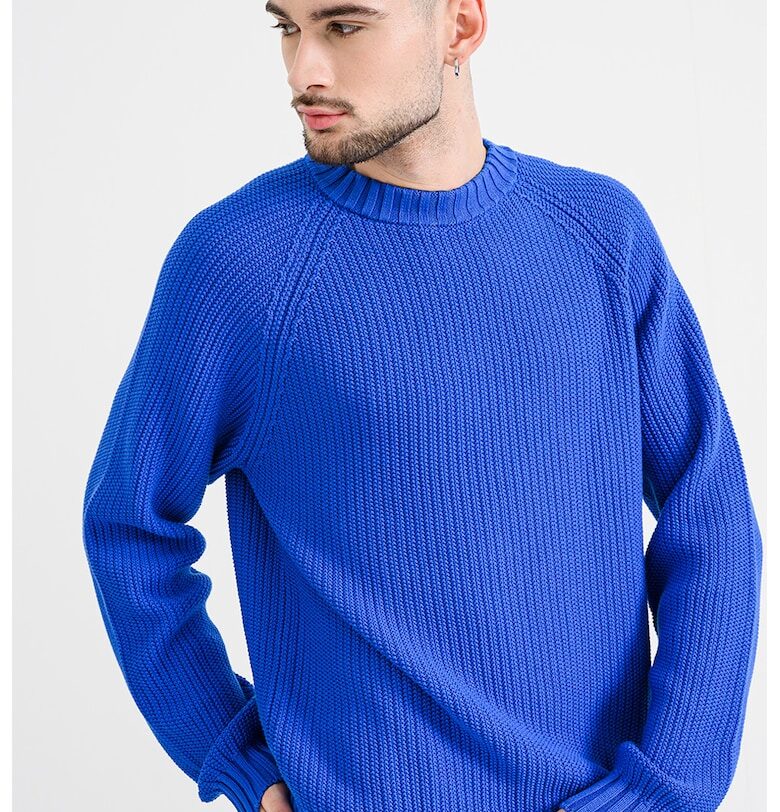 Едноцветен плетен пуловер - Кралско Синьо HUGO