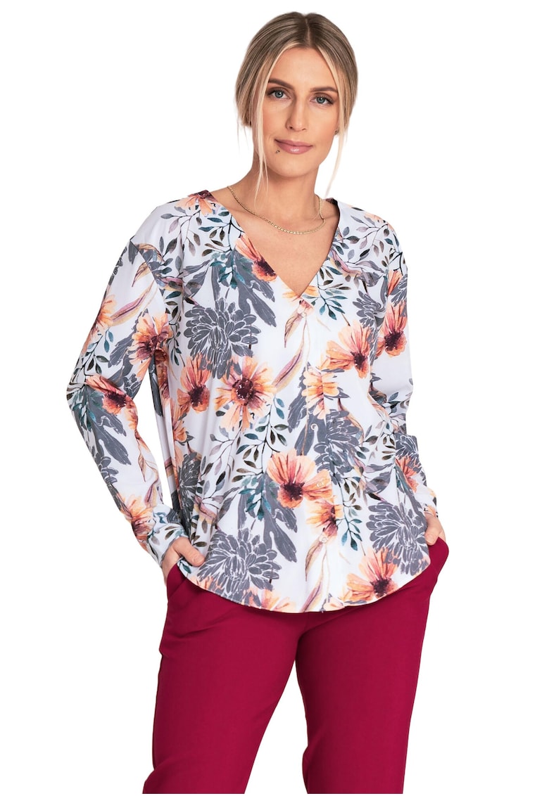 Елегантна блуза модел с V-образно деколте - дълъг ръкав - многоцветна - полиестер-еластан Figl