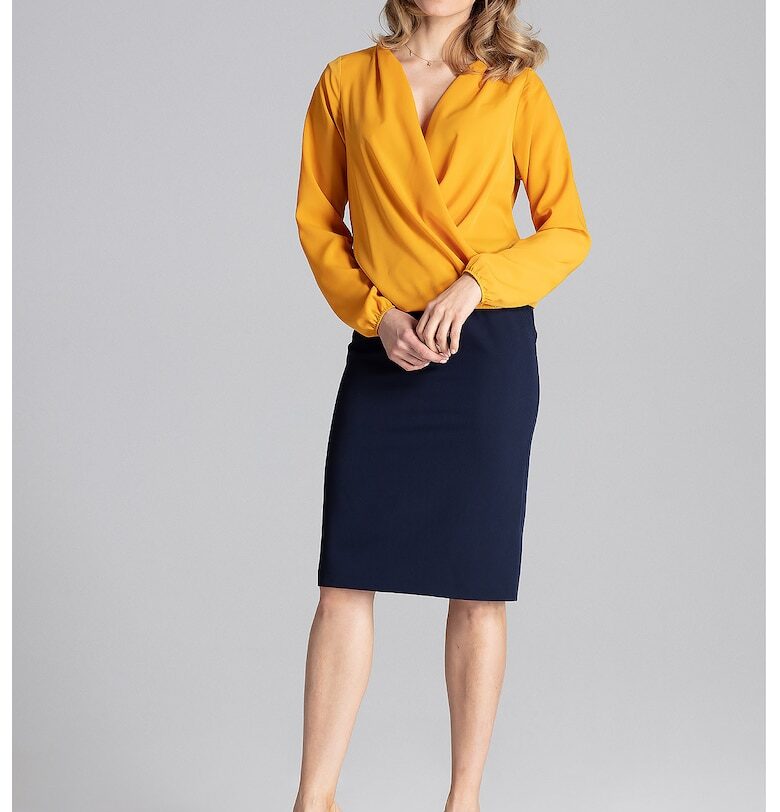 Елегантна дамска блуза -  Дълъг ръкав - Полиестер/Еластан - Горчично жълто Figl