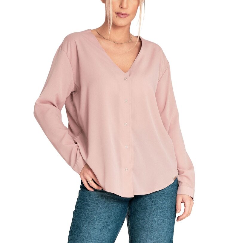 Елегантна лятна блуза  с V-образно деколте - розова - полиестер и еластан Figl