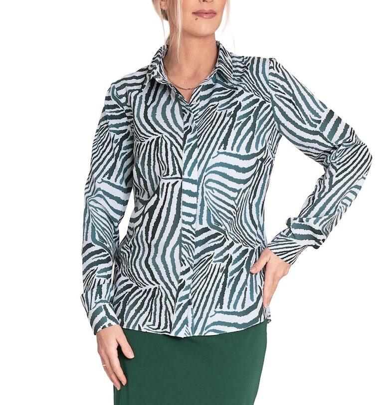Елегантна риза  зебров десен - зелено/бяло - материал полиестер/еластан - с яка - дълъг ръкав Figl