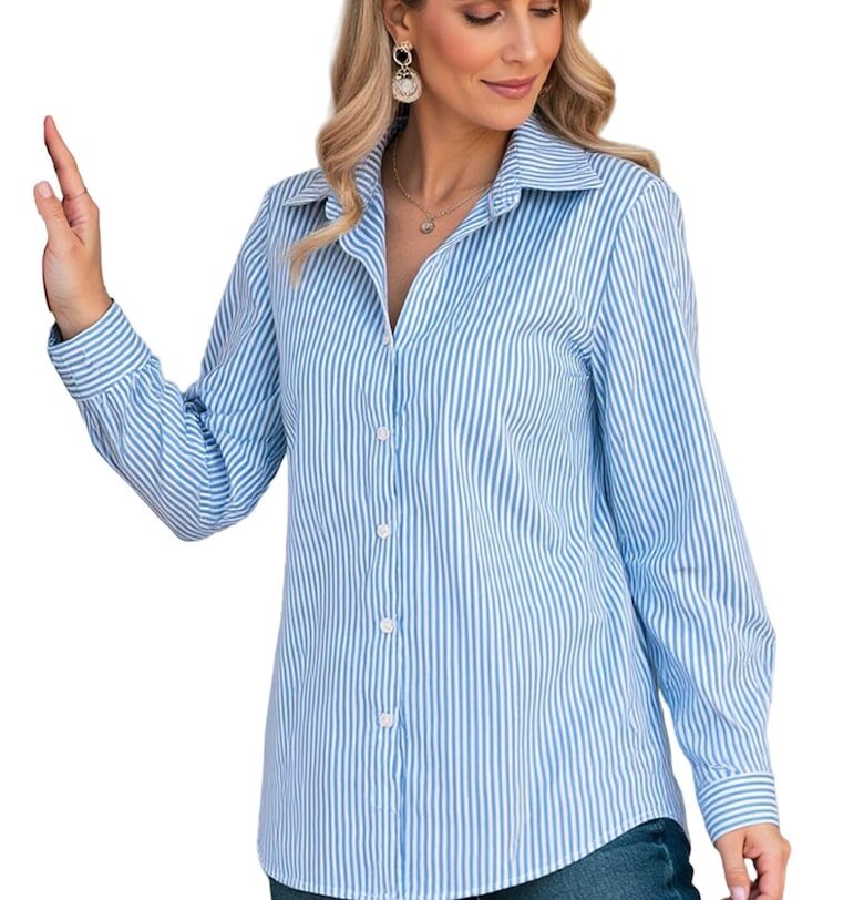 Елегантна риза  сини райета - удобна - полиестер/еластан - размер SM Figl