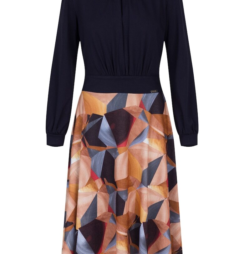 Елегантна рокля  M725 - дълъг ръкав - разкроена кройка - многоцветна - полиестер - Figl