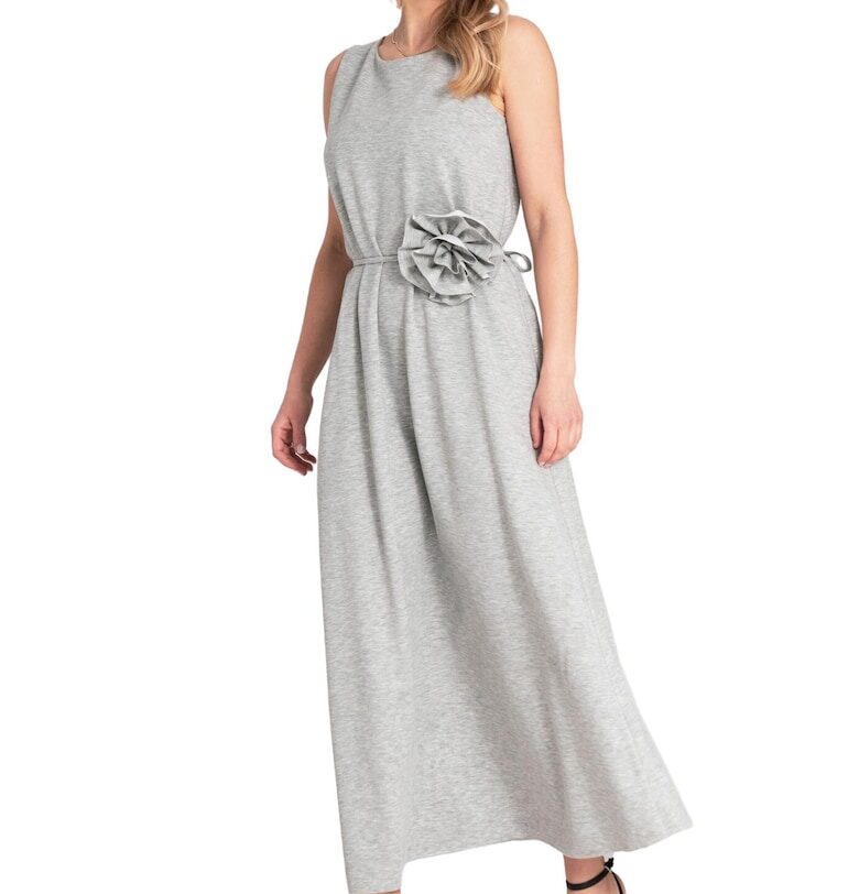 Елегантна рокля  без ръкави - флорален мотив - сива - полиестер/еластан/вискоза - един размер Figl