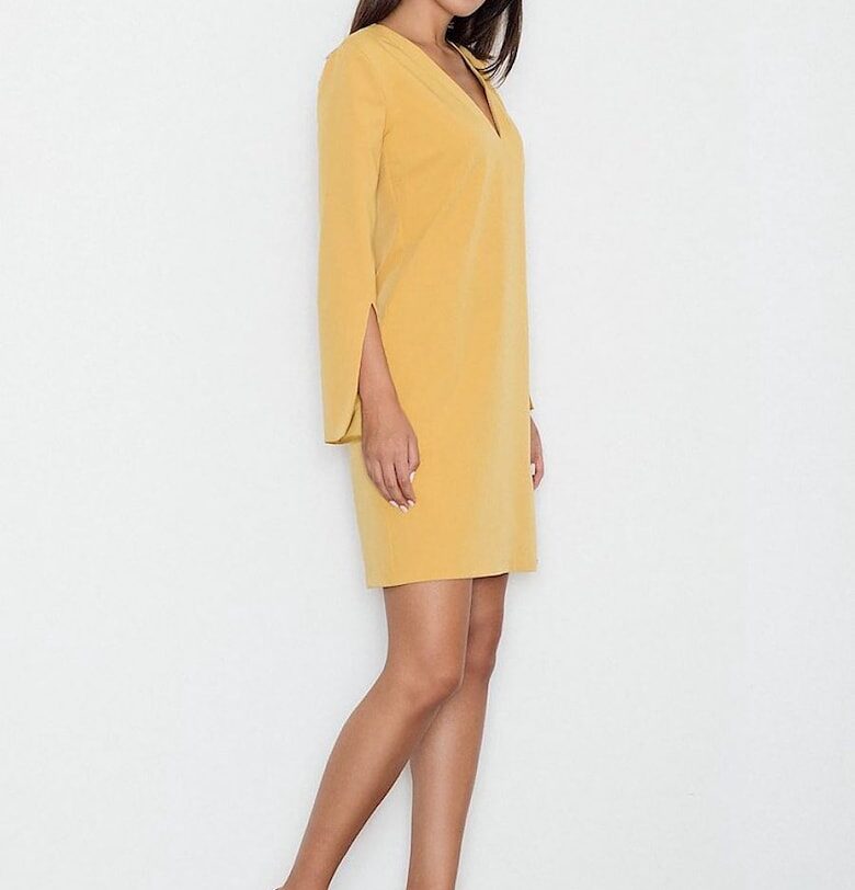 Елегантна рокля  права кройка - ръкави с цепки - жълто - полиестер-вискоза Figl