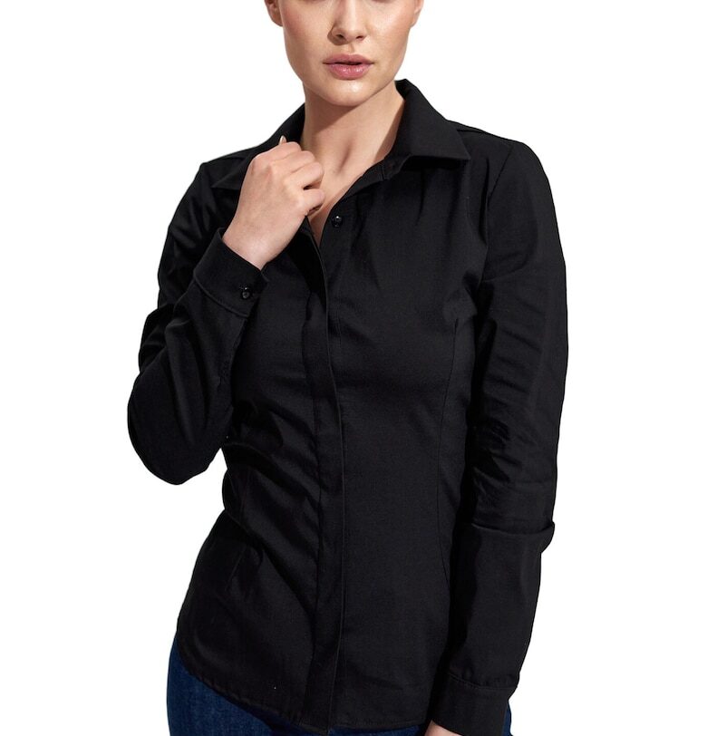 Елегантна черна дамска риза  M876 - памук/найлон - дълъг ръкав - с копчета - Figl