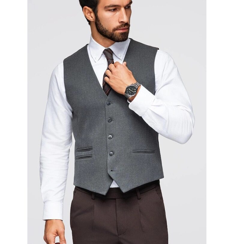 Елек за костюм с класически детайли и подплата  OM-BLZV-0142 - Tъмносив OMBRE