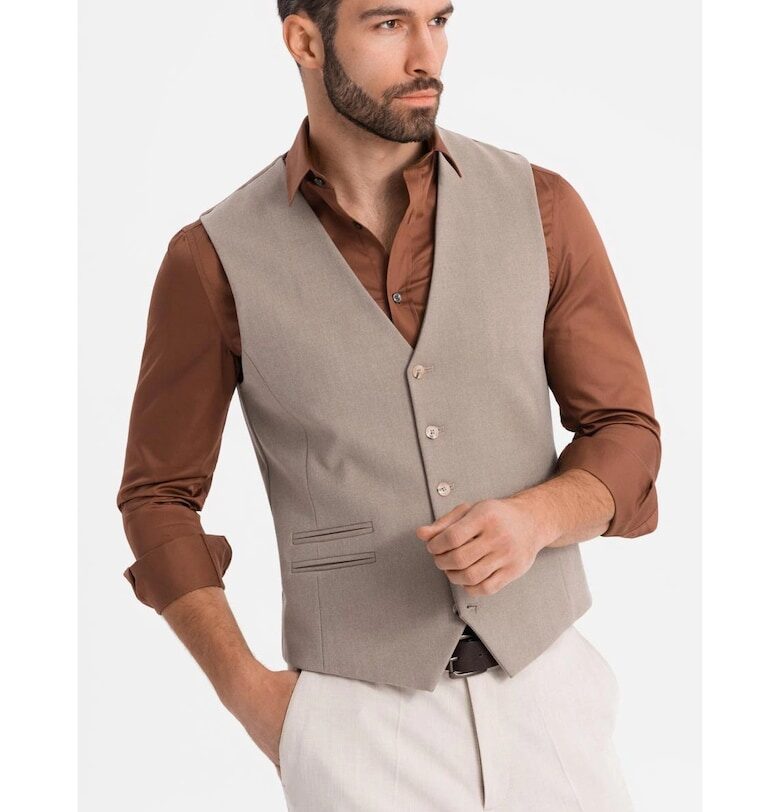 Елек за костюм с класически детайли и подплата  OM-BLZV-0142 - Бежов OMBRE