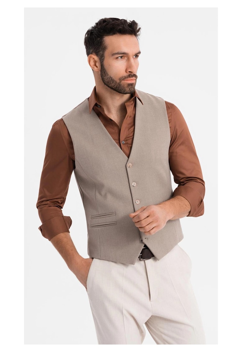 Елек за костюм с класически детайли и подплата OM-BLZV-0142 - Бежов OMBRE