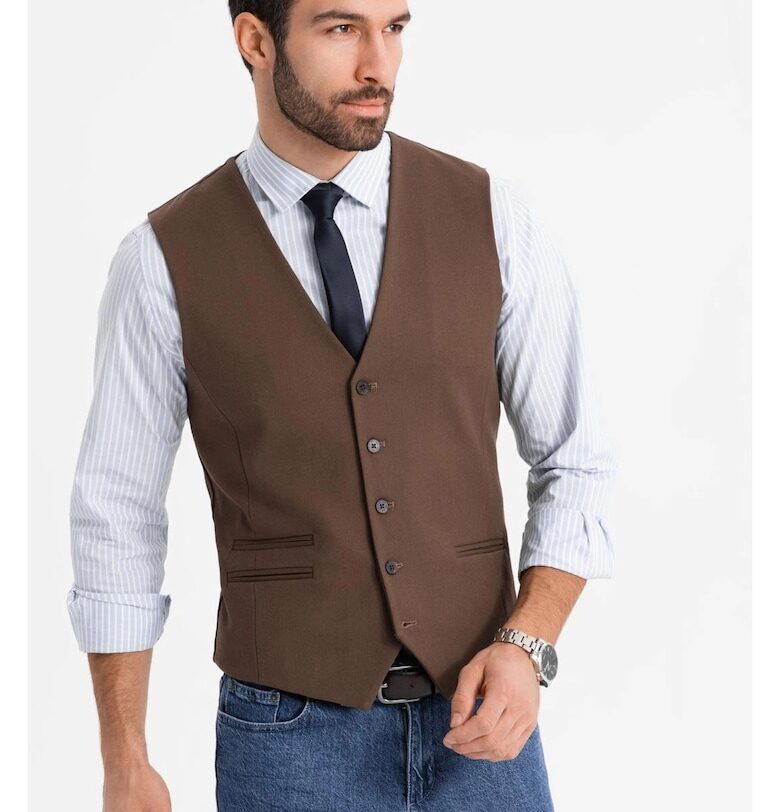 Елек за костюм с класически детайли и подплата  OM-BLZV-0142 - Кафяв OMBRE