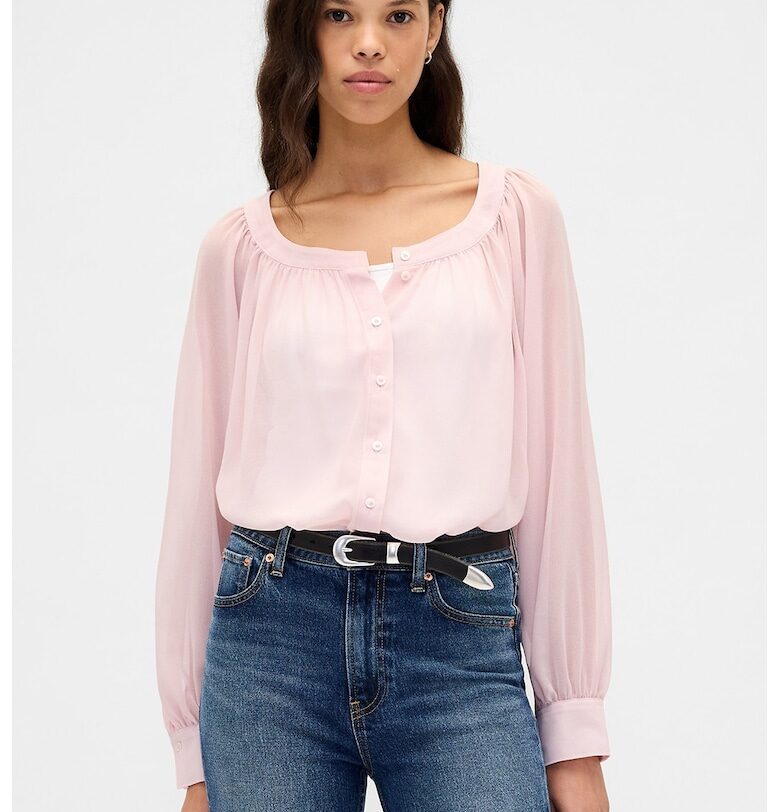 Ефирна риза с бухнали ръкави - Бледо розово GAP