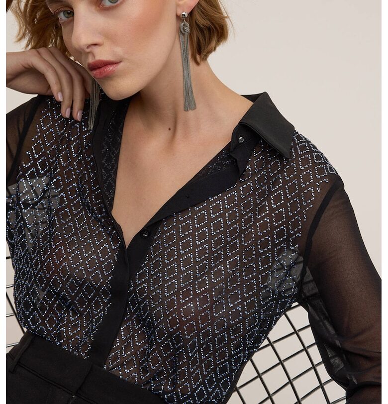 Ефирна риза с декоративни камъни - Избеляло черно/Небесносин/Сребрист Motivi