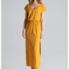 Жълта макси рокля  елегантна - с цепка - идеална за лятото - полиестер Figl