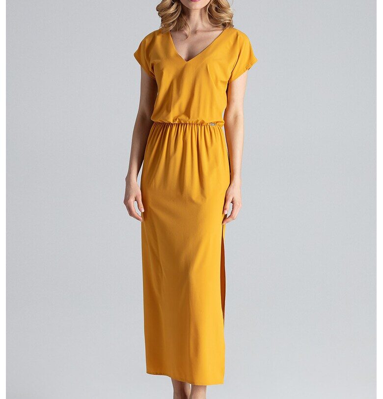 Жълта макси рокля  елегантна - с цепка - идеална за лятото - полиестер Figl