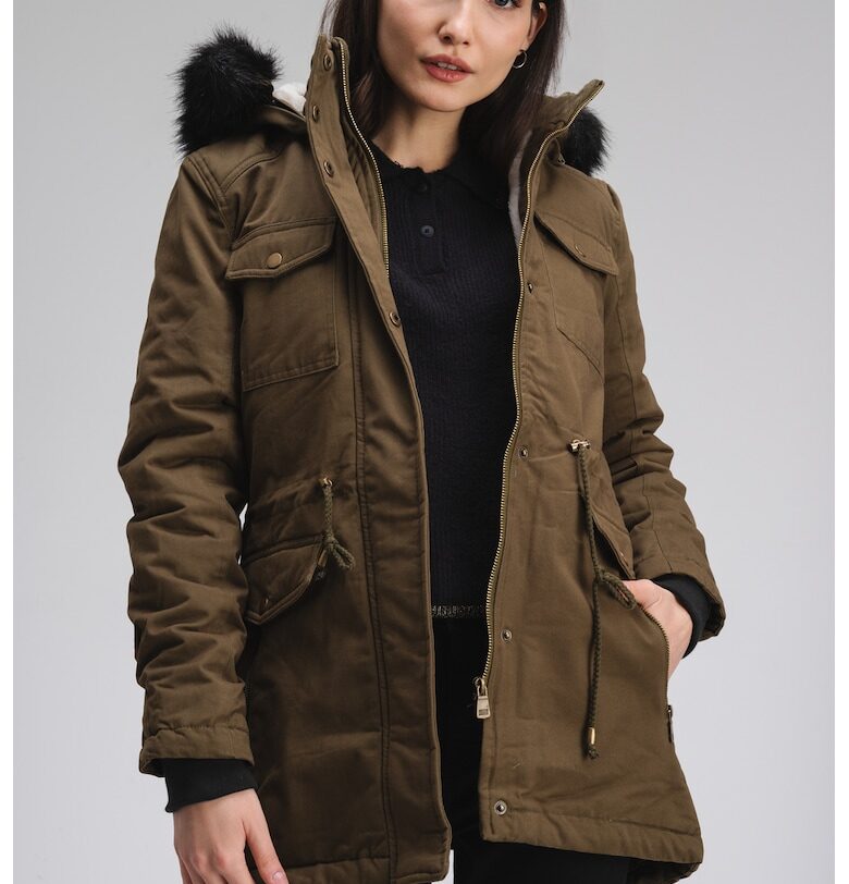 Зимно яке Celeste с качулка и джобове - Бледо каки Geographical Norway