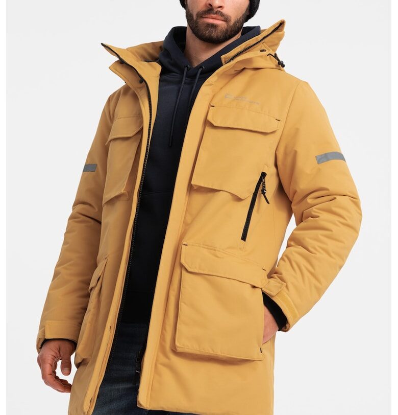 Зимно яке с джобове и качулка - Синапено жълто OMBRE