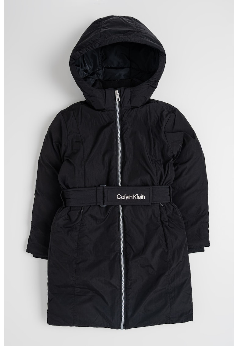 Зимно яке с качулка и колан на талията - Черен CALVIN KLEIN