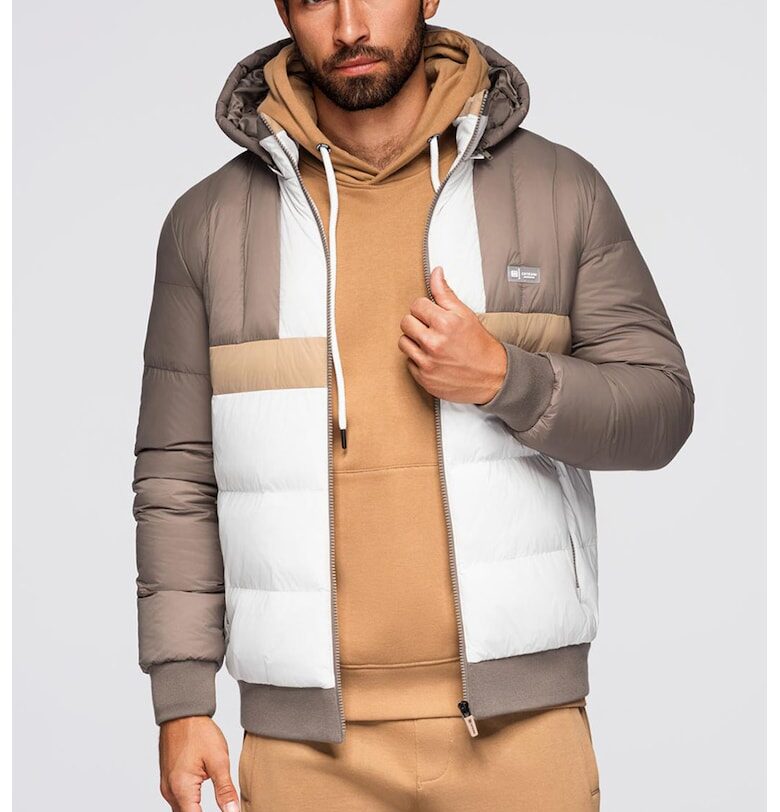 Зимно яке с качулка и цветен блок - Бял/Сиво-кафяв/Бежов OMBRE